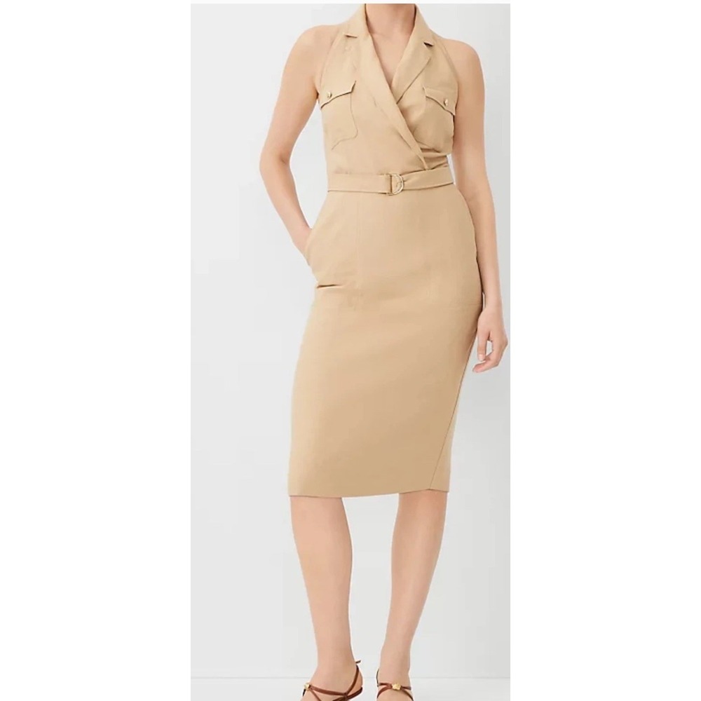 Ann Taylor NWT Tan‎ Halter Neck Collared Open Back Sleeveless Dress Size 12